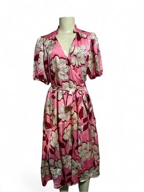 Draper James Pink Floral Midi Wrap Dress with Tie Waist